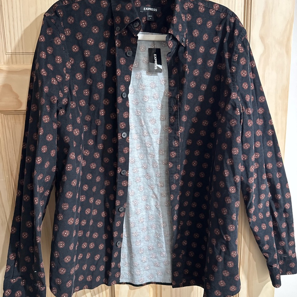 Express Men's Black and Brown Floral Shirt
